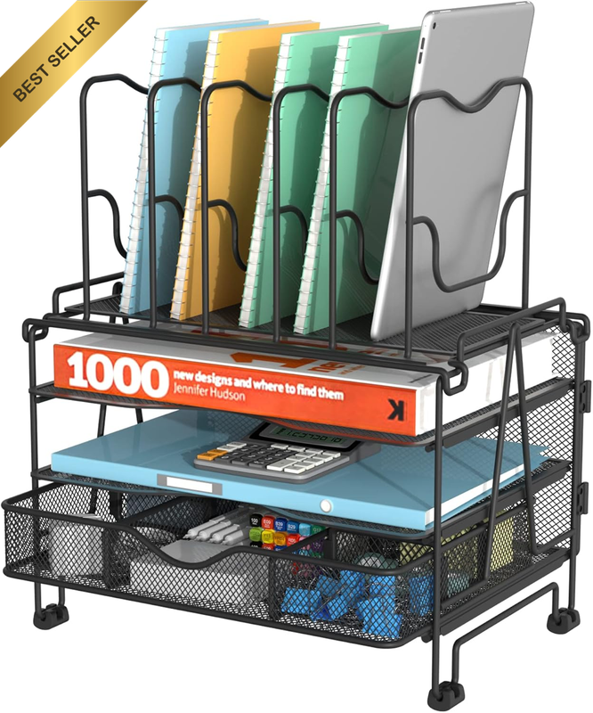 Mesh Desk Organizer, 3-IN-1 Desktop Organizer with 3 Tier Tray and 5 Upright Sec