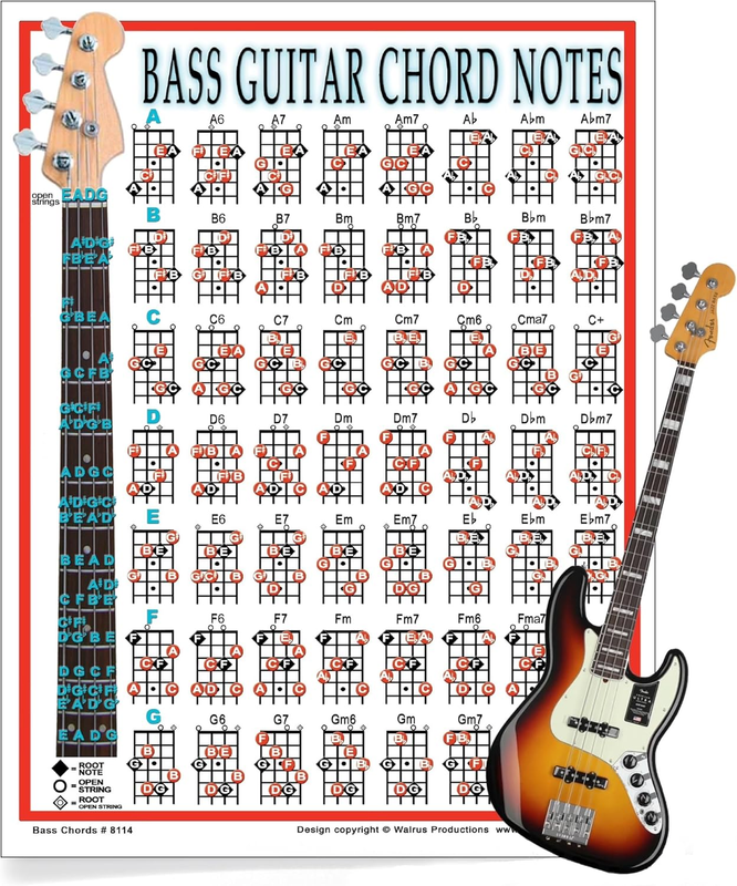 Mini Bass Guitar Chord Chart with 56 Chords - Laminated Bass Guitar Chord Poster