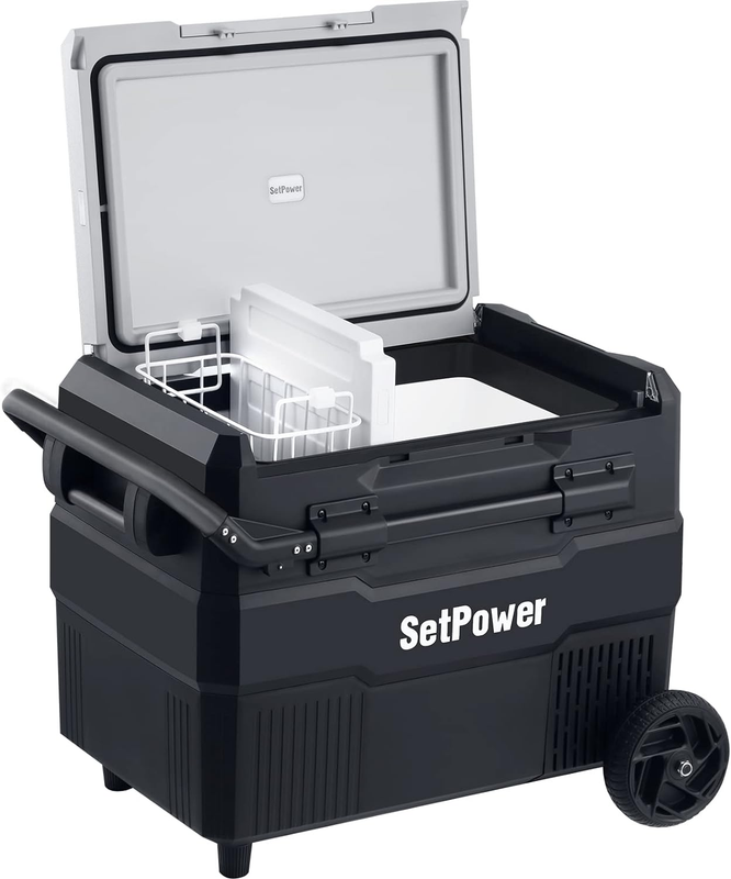 RV60D PRO Portable Fridge with Freezer on Wheels, 60QT/56L Adjustable Dual Zone