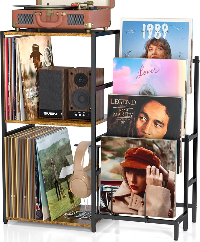 Record Player Stand, Vinyl Record Stand with 4-Tier Vinyl Record Display, Record Player Table Storage up to 120+ Albums, Turntable Stand for Vinyl Records, Vinyl Record Display Shelf for Living Room