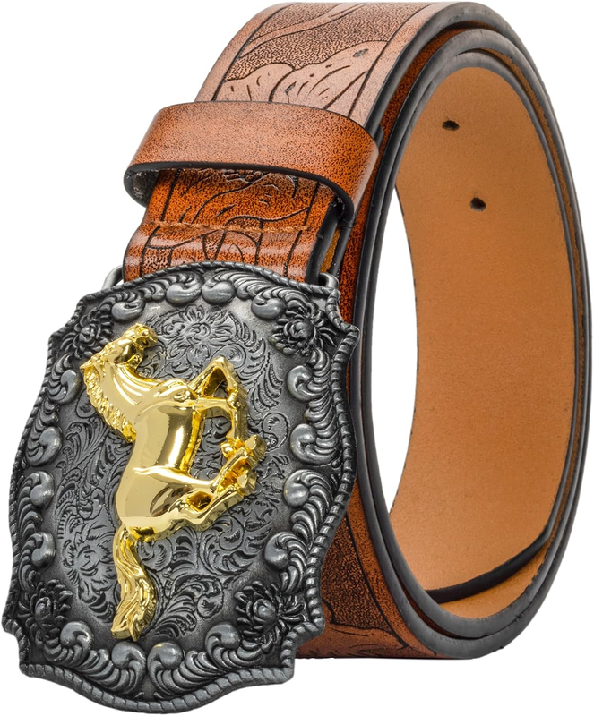 UTOWO Western Pu-Leather Cowboy Buckle Belt for Men and Women Jeans Engraved Flo