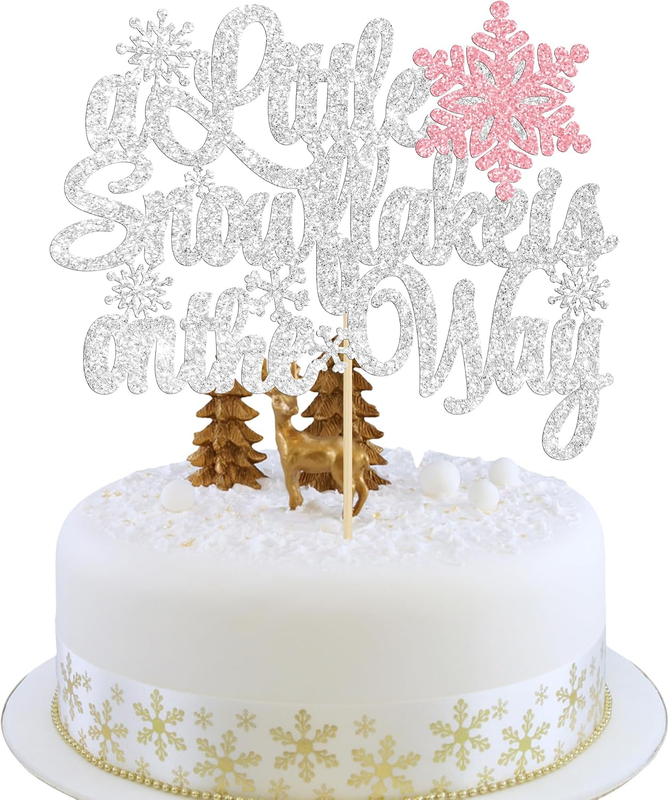 1Pcs a Little Snowflake Is on Her Way Cake Topper Pink Snowflake Winter Baby Sho