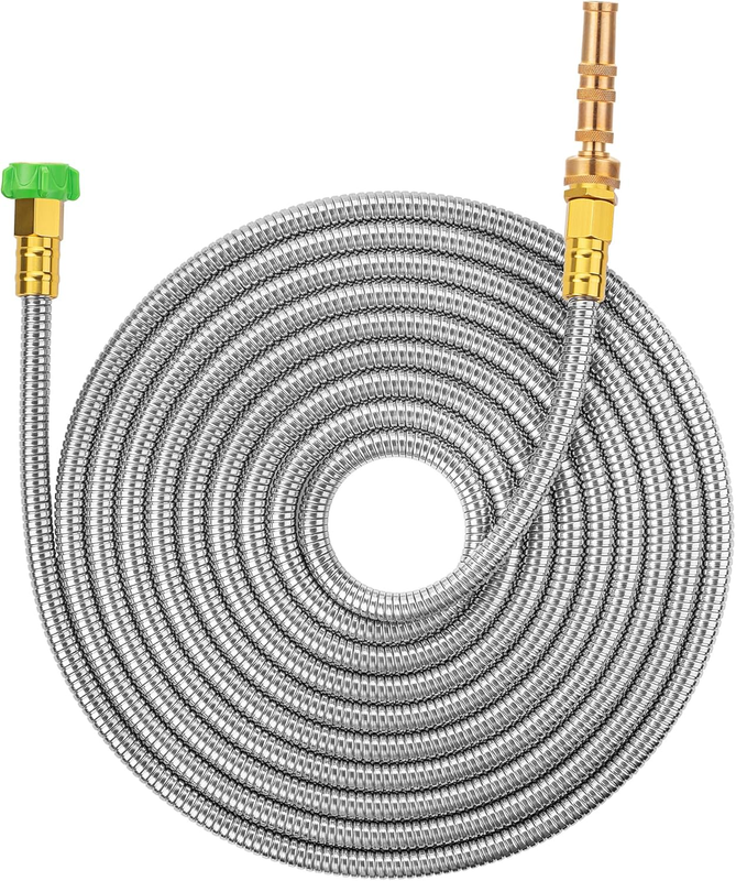 - Stainless Steel Metal Hose with 4 Function Brass Nozzle, 25 Ft, No Kink, Metal
