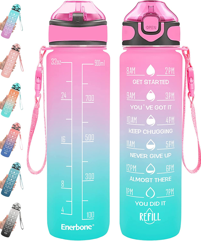 Water Bottle With Times Drink And Straw Motivational Carrying Strap NEW
