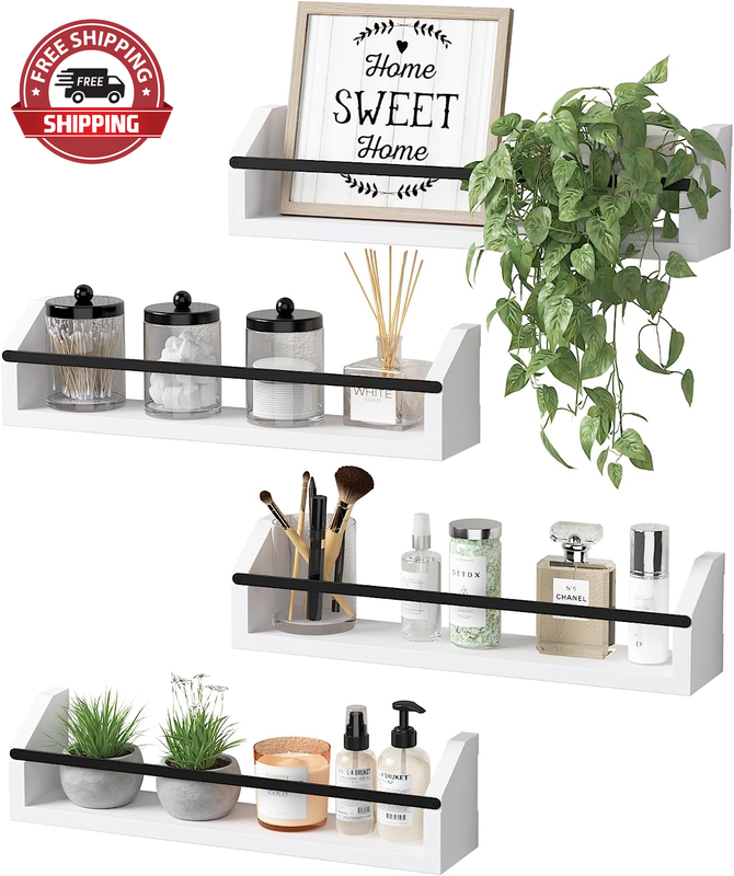 Floating Shelves with Protective Metal Rail, Small Bathroom Shelves Set of 4, Sp