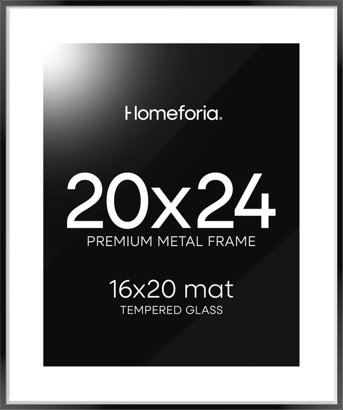 20X24 Picture Frame Black, High End Metal 20X24 Frame Matted to 16X20 Print, 20 X 24 Black Poster Frames with Mat 16 by 20 Inch Photo, 24X20 Hanging Frame, Tempered Glass, Wall Kit, Set of 1
