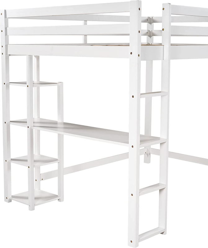 Full Size Loft Bed Wood Loft Bed Frame with Desk and Ladders, Loft Bed with Shel