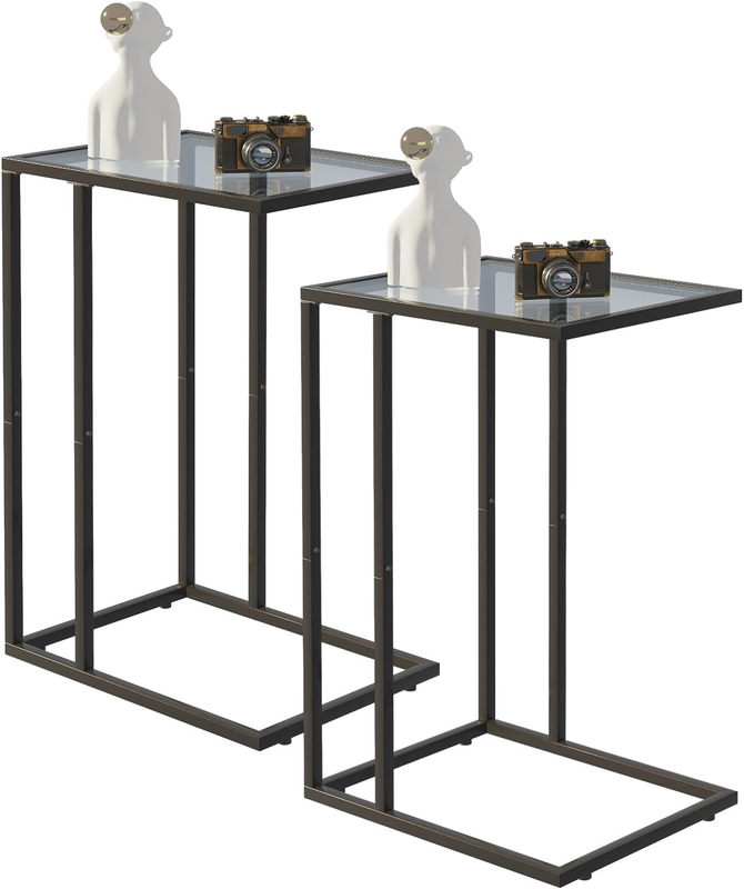 C Shaped End Table Set of 2, Tempered Glass Snack Side Table with Metal Frame, Sofa Couch Side Table, Modern Style, Black