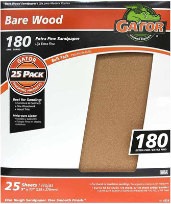 Gator 9'' X 11'' Bare Wood Sanding Sheets, 180 Grit, 25 Pack