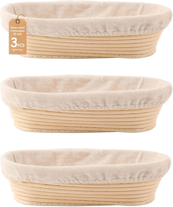 3Pcs Banneton Bread Baskets Set, 12" Oval Sourdough Proofing Bowls