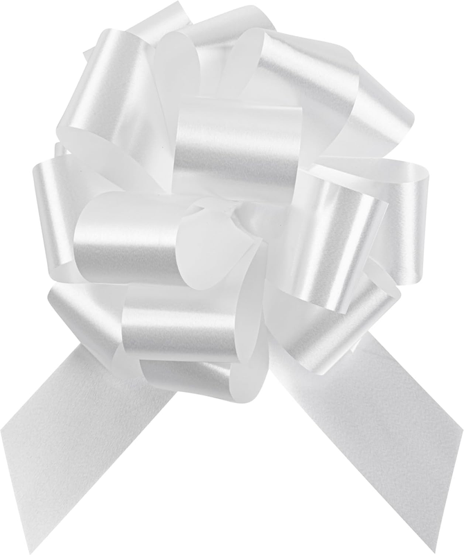 Gift Tek 5.5 Inch Ribbon Pull Bows, 10 Satin Pull Bows - 20 Loops, Instant, Whit