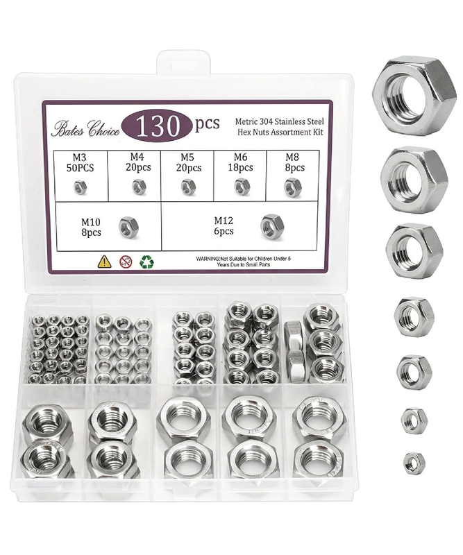 Bates- Metric Hex Nuts Assortment Kit, 7 Sizes, 130 Pcs, Stainless Steel, M3 M4