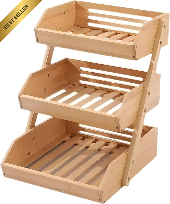 3-Tier Wooden Fruit Basket for Kitchen Counter, Fruit Stand, Large Bamboo & Acac