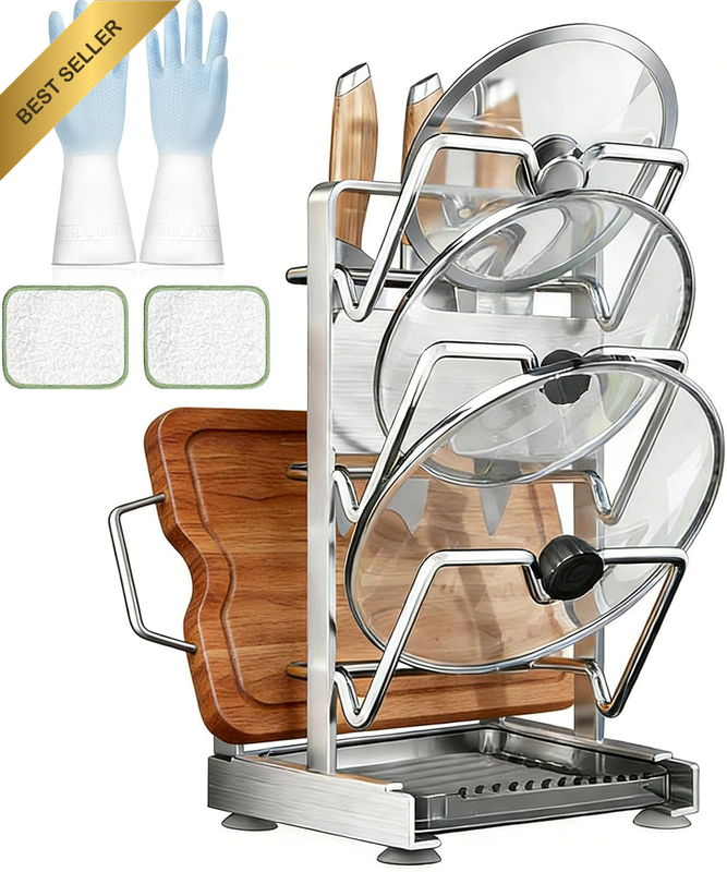 Lid Organizer,3 Tier Pot and Pan Organizer with Cutting Board Holder and Knife H