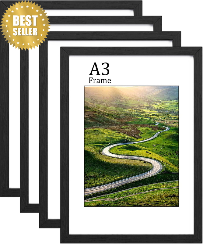 A3 Frame, Wooden A3 Picture Frames, Versatile Black Frame, Dual Orientation (Lan