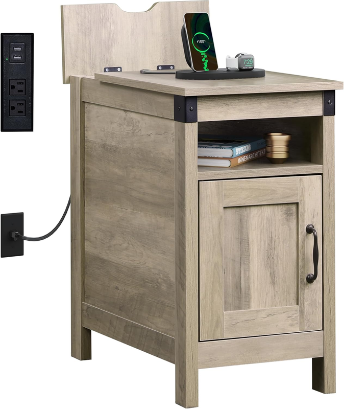 Farmhouse End Table with Charging Station, Narrow Side Table for Living Room, Bedroom, Small Nightstand with Storage, USB Ports and Outlets, Small Wooden Cabinet, Greige