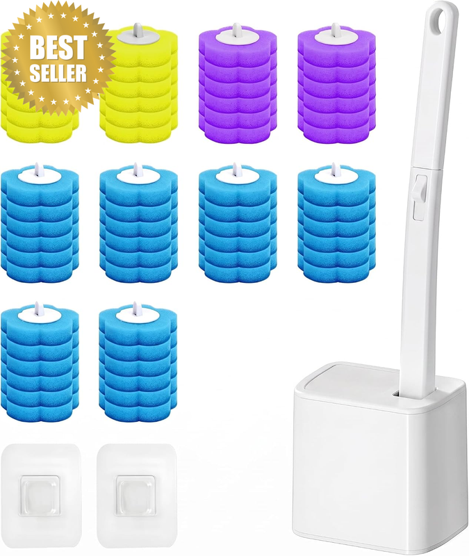 Disposable Toilet Brush Set with Holder, 60 Refill Wand Sponges | Easy Storage C
