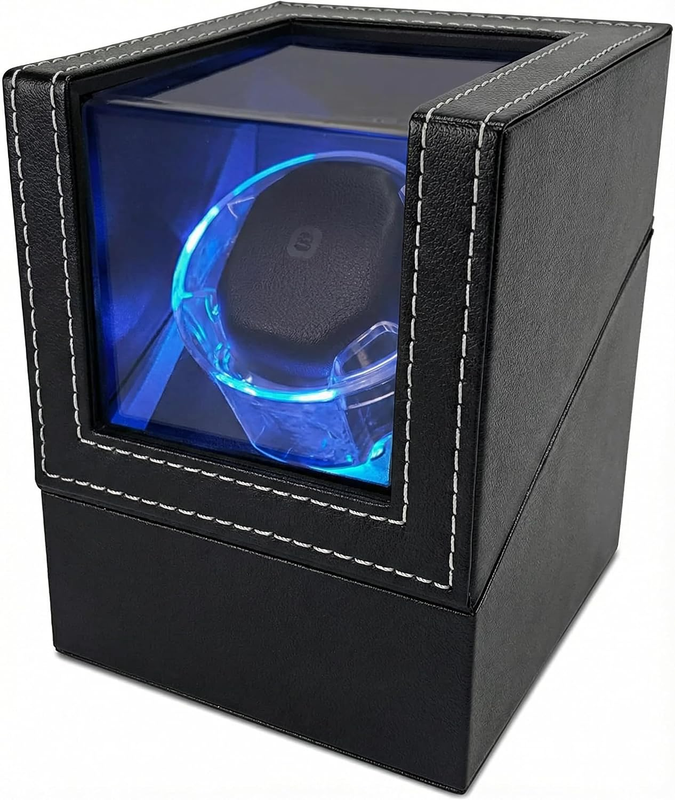 Single Watch Winder Automatic Watch PU Leather Blue LED Quiet Motor 2 Modes Box