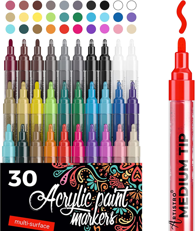 Pens – 30 Acrylic Paint Pens Medium Tip (2mm) - Great For