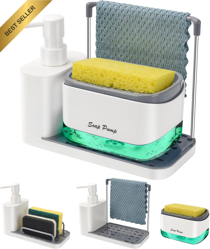 Hand and Dish Soap Dispenser Set with Tray, Dual Soap Dispenser with Sponge Hold
