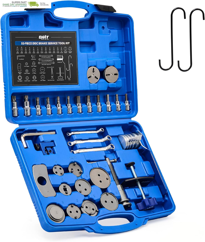 Orion Motor Tech Brake Caliper Tool Set, 34Pc Master Brake Caliper Compressor Tool Kit with 11 Adapters & Swivel Brake Pad Spreader Tool, Caliper Piston Compressor Tools with Brake Line Cutter Bender