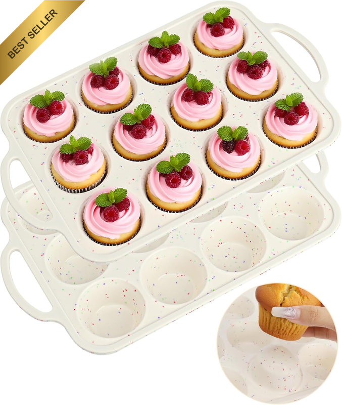 2 Pack Silicone Muffin Tray for Baking, 12 Cup Standard Size Cupcake Pan, BPA Fr
