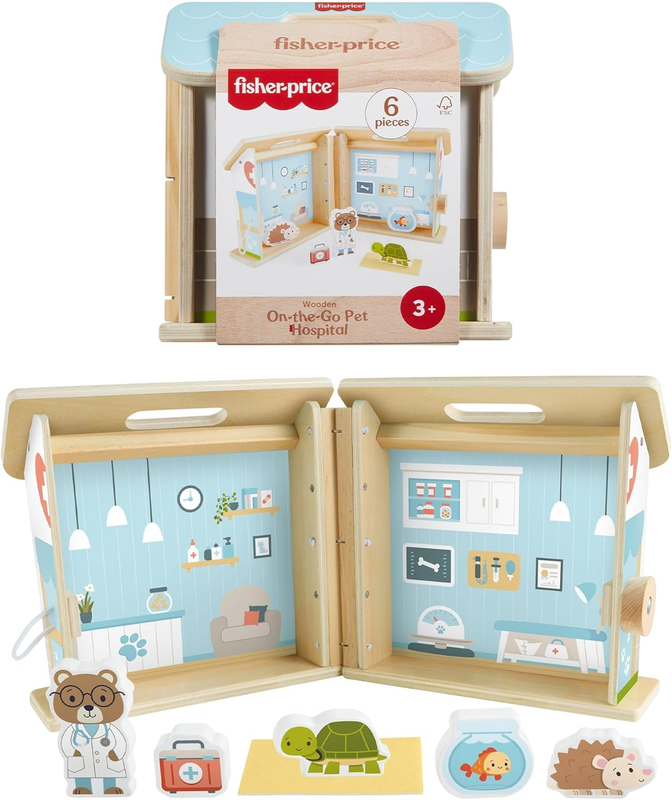 Wood Pretend Play Toy Pet Hospital Set, 6-Piece Wooden Animal Playset for Travel