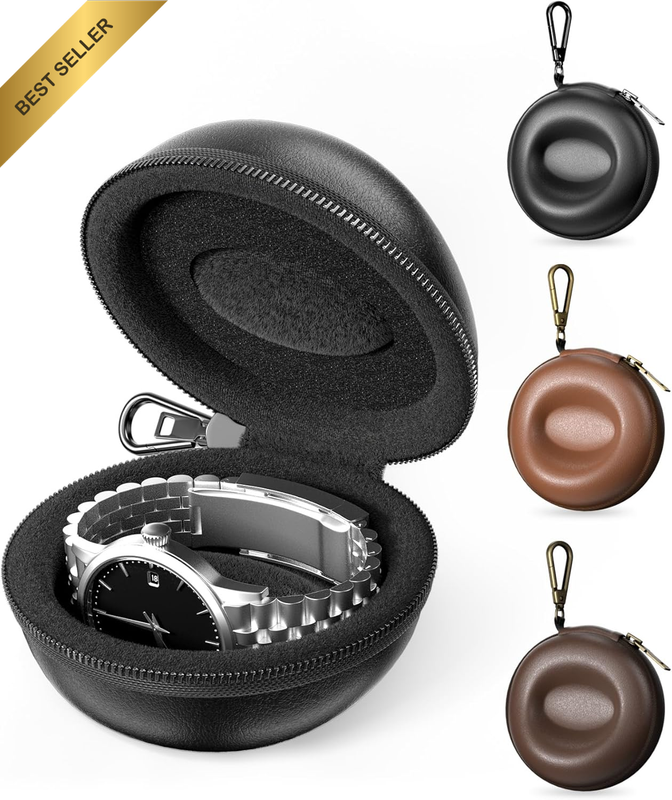Single Watch Travel Case with Carabiner Clip – Rigid EVA Hard Shell Watch Travel