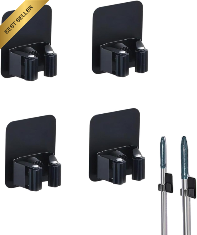 4PCS Broom Holder Wall Mount，Space-Saving, Stainless Steel, Black,Anti-Slip Mop 