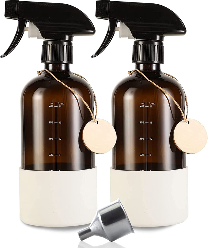 Amber Glass Spray Bottle with Silicone Sleeve,16 Ounces Refillable Container wit