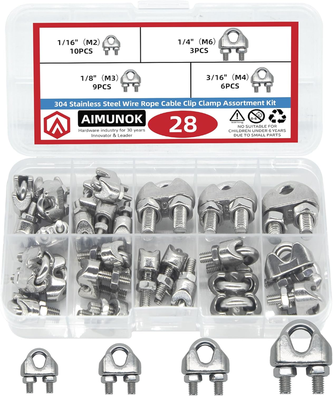 Wire Rope Clip Assortment Kit |304 Stainless Steel Clamps | 1/16",1/4", 1/8",3/1