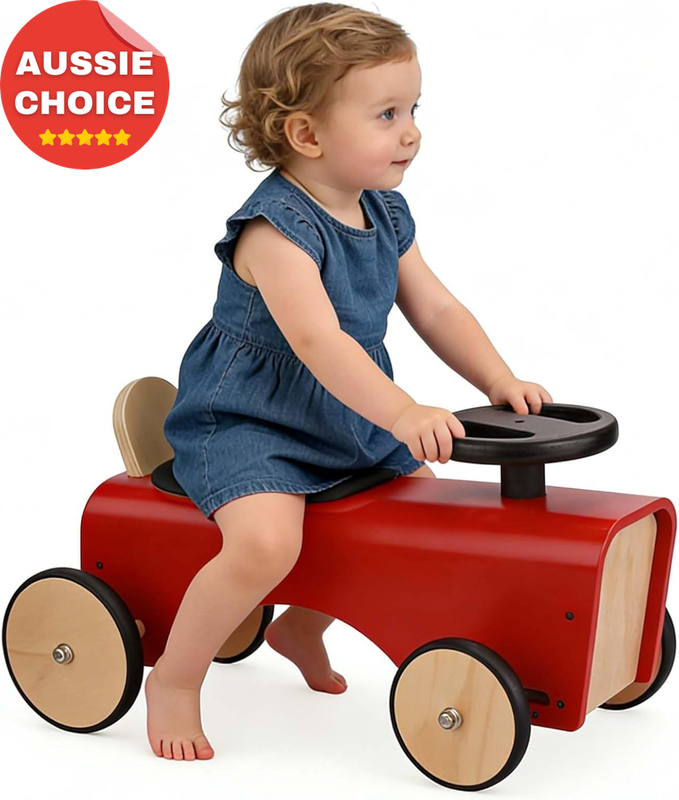 Retro Wooden Ride-On Tractor Toddler Balance Bike Quiet Rubber Wheels Montessori