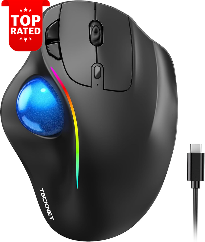 Wireless Trackball Mouse Bluetooth Ergonomic USB-C Rechargeable RGB Black