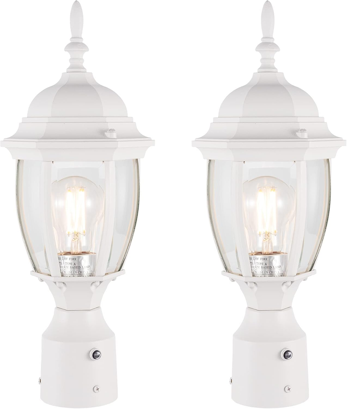 Dusk to Dawn Outdoor Post Lighting Fixture Pole Lantern, E26 Medium Base Max 60W, Aluminum Housing plus Glass, Bulb Not Included (White, 2-Pack)