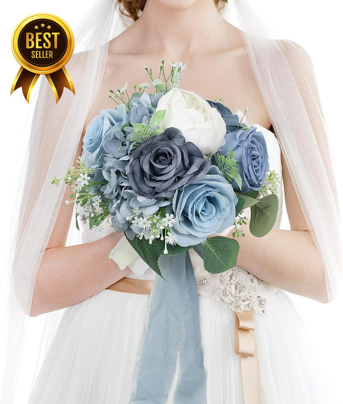 Dusty-Blue and White Artificial Rose Pre-Made Vintage Wedding Bouquet