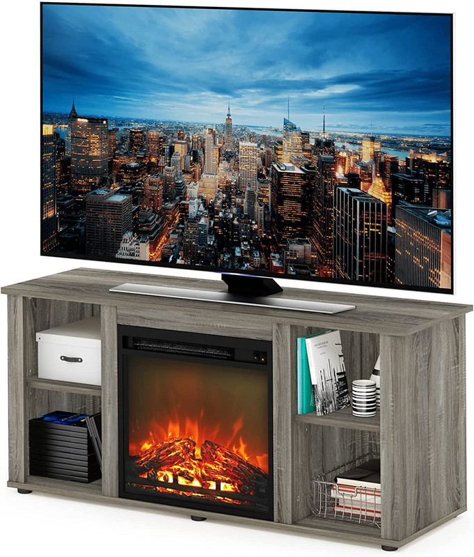 Furinno Jensen Entertainment Center Stand with Fireplace for TV up to 55 Inch, A