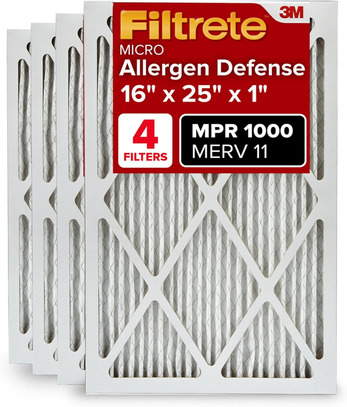 16x25x1 AC Furnace Air Filter, MERV 11, MPR 1000, Micro Allergen Defense, 3-Mont