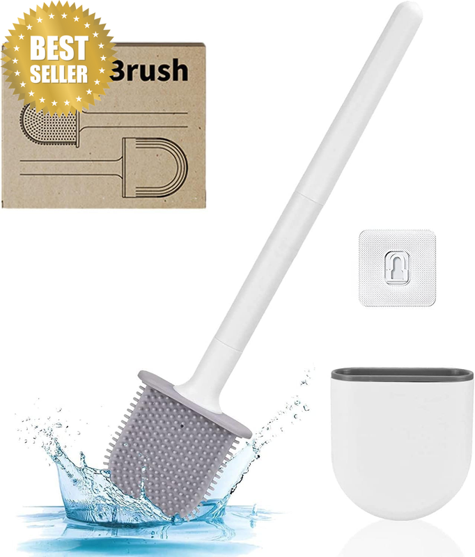 Toilet Brush and Holder Set (White) 360 Degree Flexible Silicone Toilet Brush He