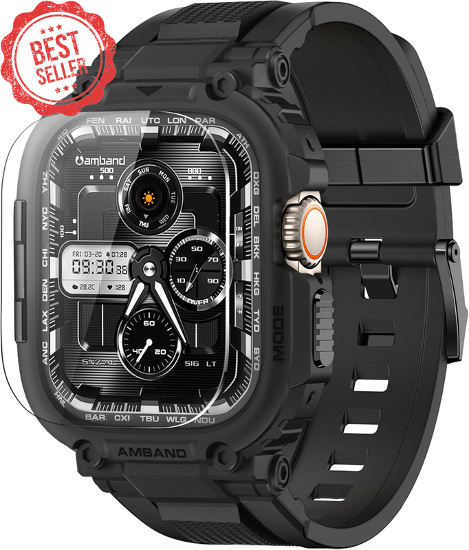 Apple Watch Ultra 49mm Rugged Band Case Strap w/ 9H Tempered Glass Black Men