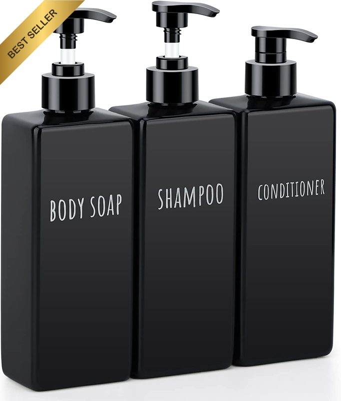 Black Shampoo Bottles with Waterproof Labels, 3 Pcs 500Ml/17.5Oz Empty Refillabl