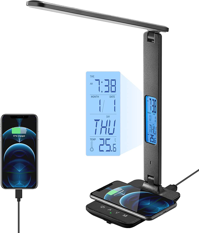 LED Desk Lamp with USB Charging Port Table Lamp with Clock Date and Temperature