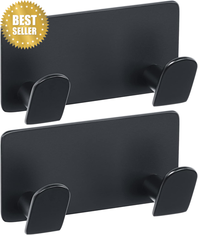 Adhesive Hooks Black Towel Hooks for Hanging for Bathroom Kitchen, Waterproof Wa