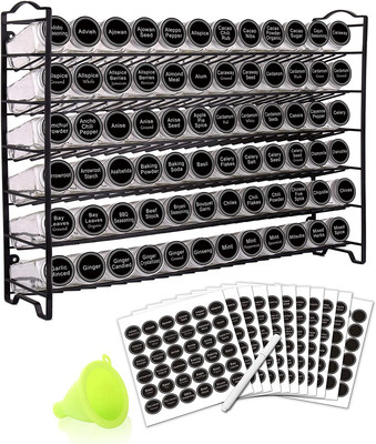 Spice Rack Organizer with 72 Empty Square 4 OZ Spice Jars 340 Spice Labels Black