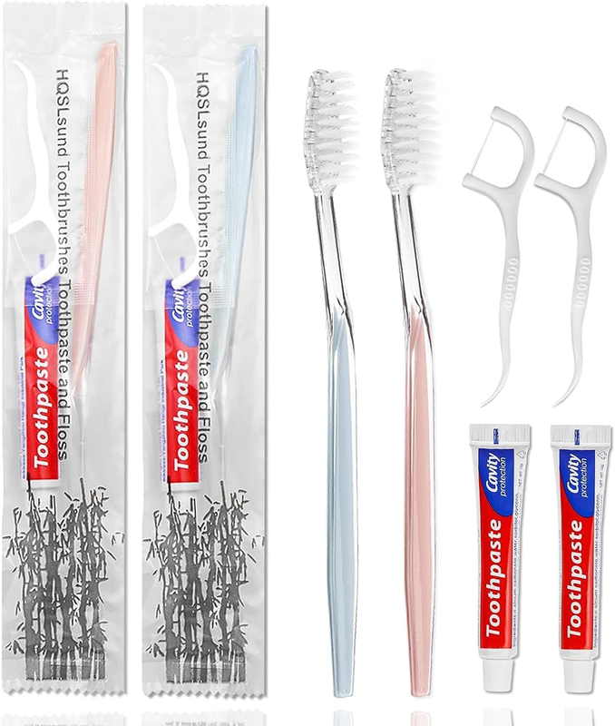 30Pcs Disposable Toothbrushes with Toothpaste Floss Individually Wrapped, 2 Colo