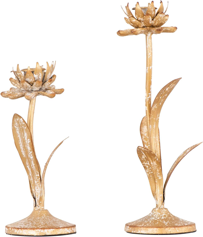 Cut Metal Flower Shaped Taper Distressed Gold Finish (Set of 2 Sizes) Candle Hol