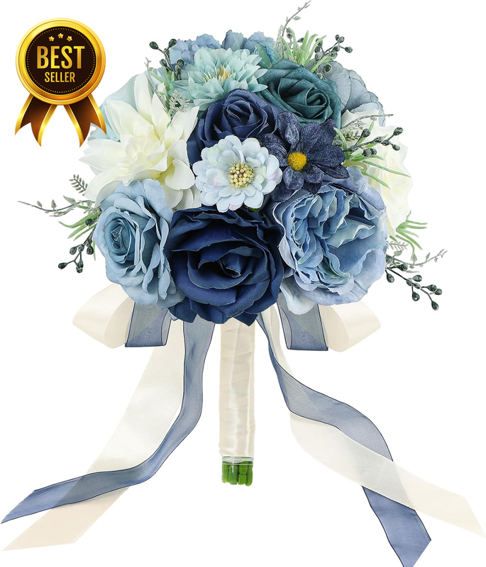 8.5-Inch Dusty-Blue Artificial Rose Bridal and Bridesmaid Wedding Bouquet