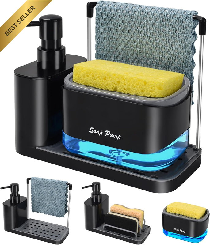 Hand and Dish Soap Dispenser Set with Tray, Dual Soap Dispenser with Sponge Hold