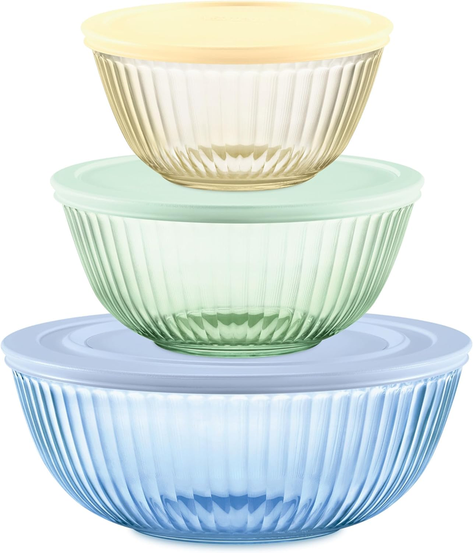 Colors Tinted 6-PC Full Set, Small/Medium/Large Glass Mixing Bowls with Lids, Nesting Space Saving Set of Bowls for Prepping and Baking, 1.3QT, 2.3QT & 4.5QT