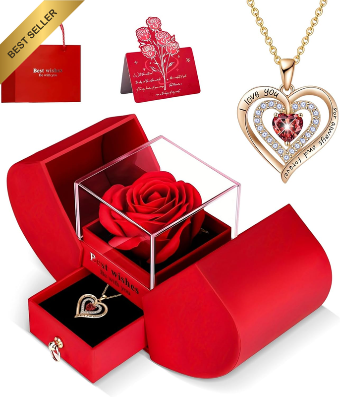 Preserved Real Rose Gift Box with “I Love You” Necklace - for Valentine'S Day, M