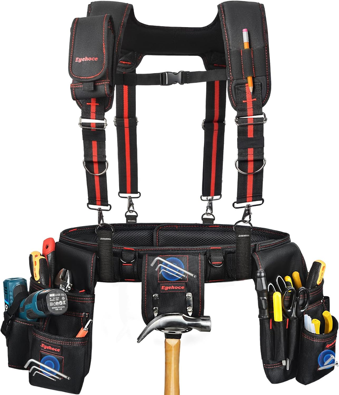 Heavy Duty Tool Belt with Padded Suspenders – Adjustable Construction Tool Rig with Multi-Pouch System – Framing & Electrician Waist Belt for Men（Adjustable One Sizez)